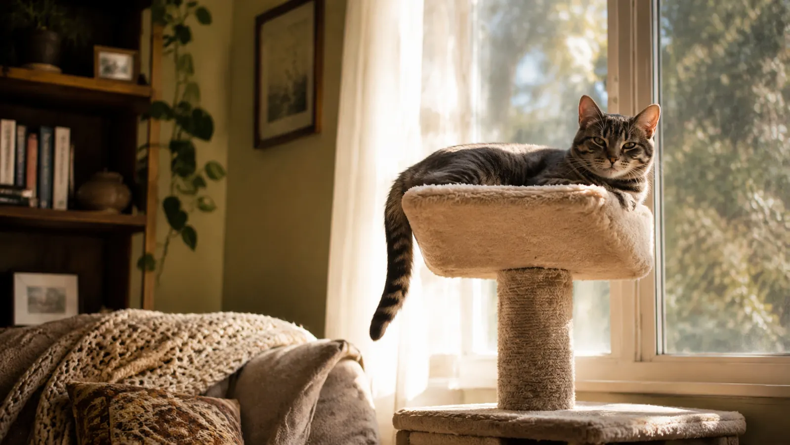 Gray tabby cat lounging on an upper platform of a tall beige cat tree near a sunny window