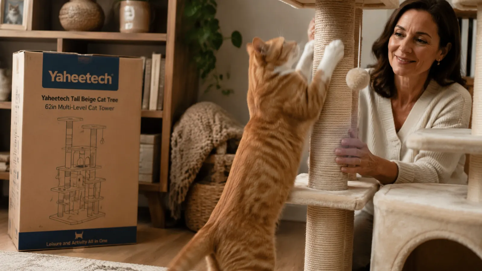 Orange cat climbing the sisal-wrapped posts of a tall cat tree toward a condo opening