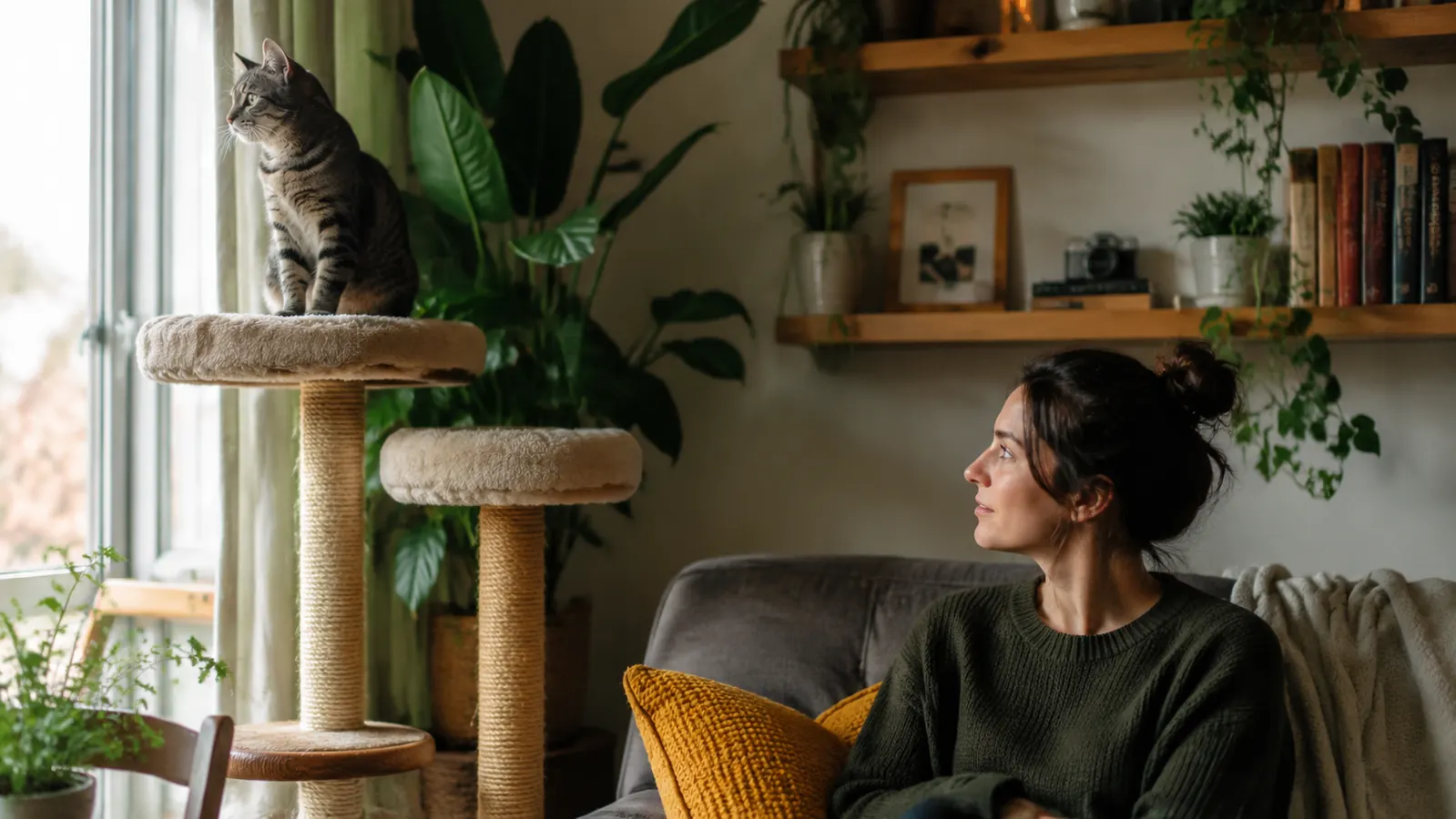 Cat sitting at eye level with a person on a tall cat tree platform near a sunny window