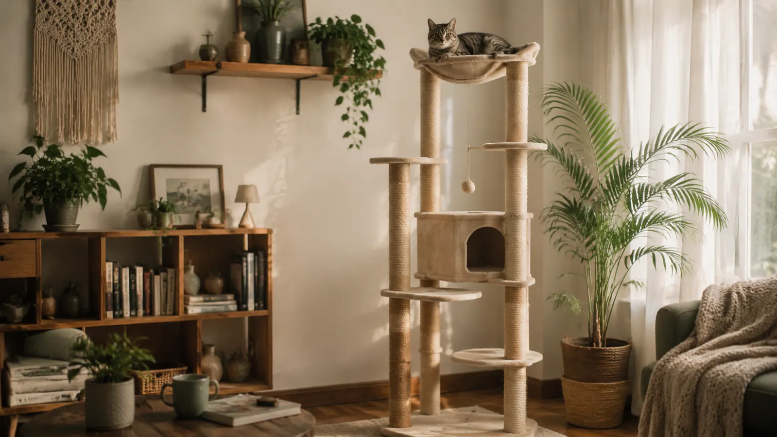 Tall beige cat tree in a bright living room corner with a gray tabby cat resting on the top hammock platform
